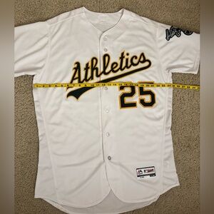 Majestic Athletics White Jersey with Yellow and Green Accents